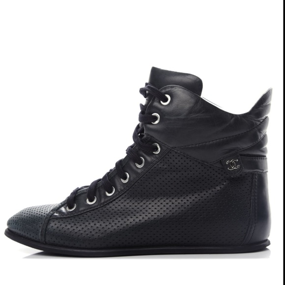 {Chanel} Leather Perforated Hi Top Sneaker Size 39 - Picture 3 of 15